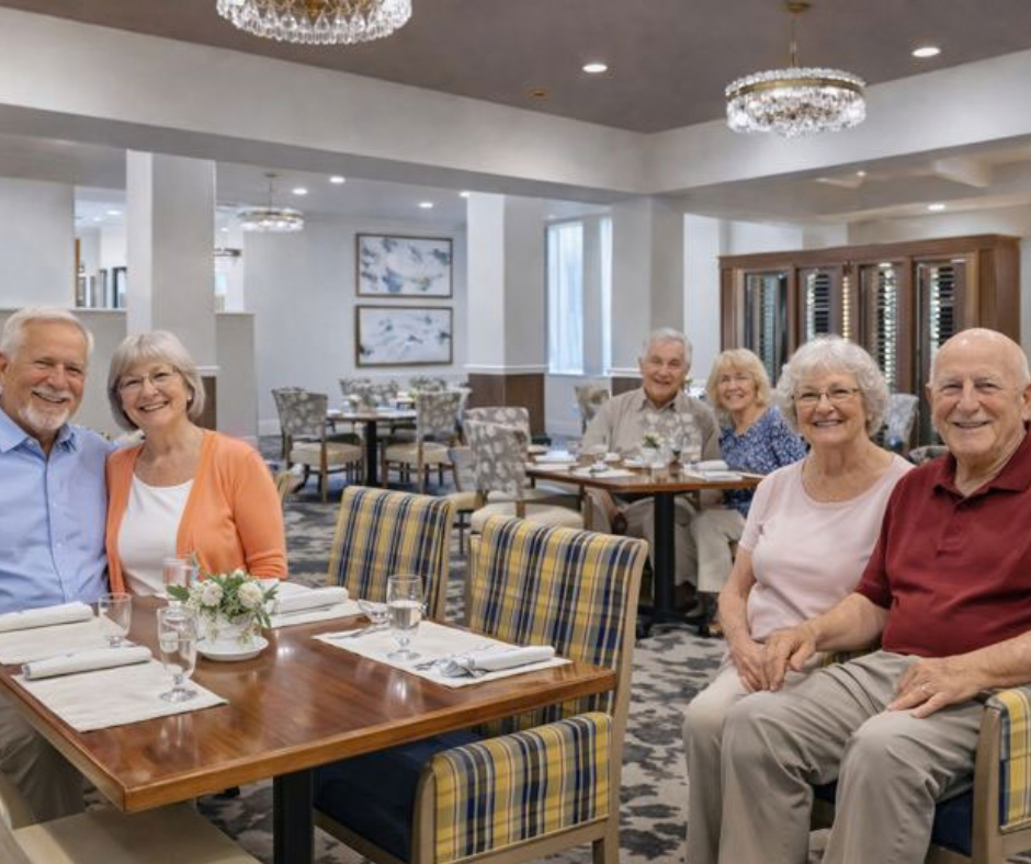 Residents dining together in assisted living community