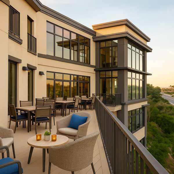Outdoor balcony seating at assisted living community