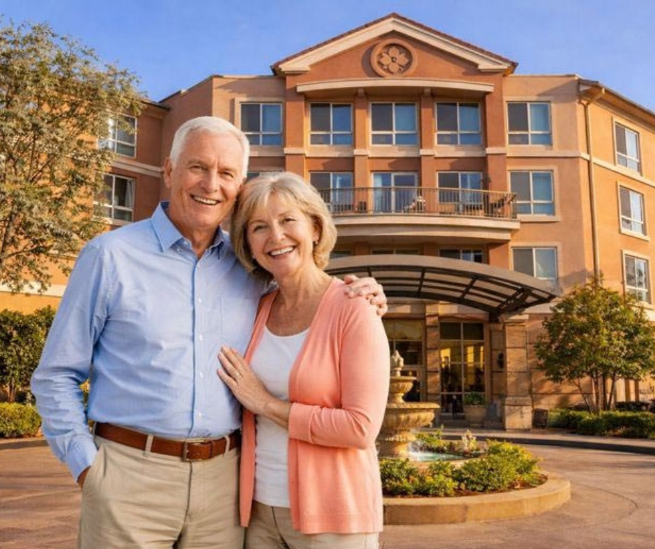 Couple standing outside assisted living community
